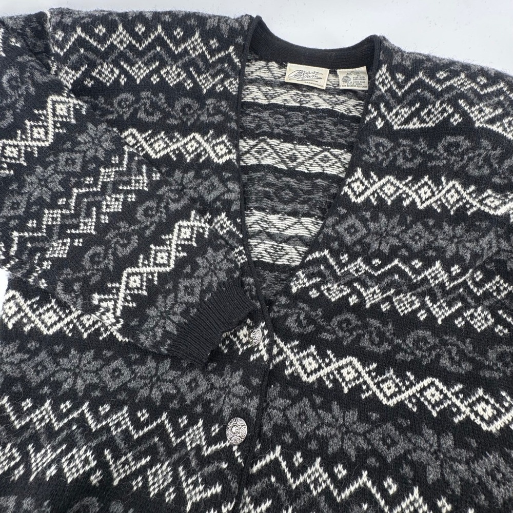 Brass Plum Cardigan Womens Medium Black Fair Isle 100% Shetland Wool Vintage